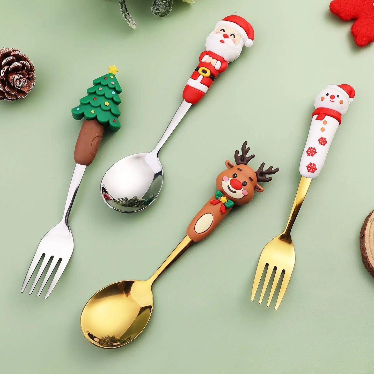 4Pcs Silver Christmas Fork And Spoon Set Stainless Steel Creative Tableware Coffee Tea Dessert Forks And Spoons Gift Set