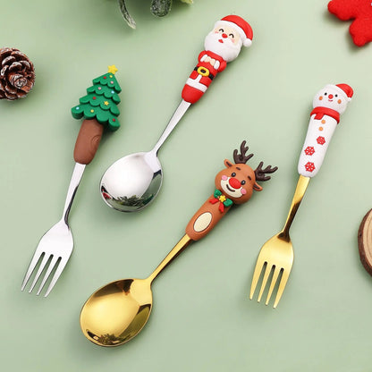 4Pcs Silver Christmas Fork And Spoon Set Stainless Steel Creative Tableware Coffee Tea Dessert Forks And Spoons Gift Set