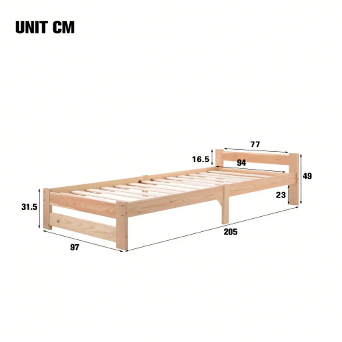 КОМНТОМ Single Bed 90 x 200 cm, Solid Wood Bed with Slatted Frame and Headboard Youth Bed