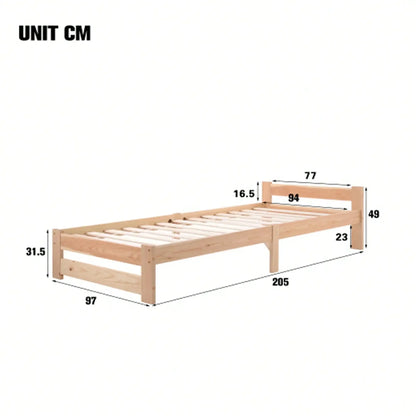КОМНТОМ Single Bed 90 x 200 cm, Solid Wood Bed with Slatted Frame and Headboard Youth Bed