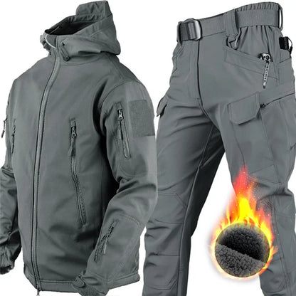 5XL 6XL Winter Waterproof Tactical Jackets Sets Men Outdoor Soft Shell Hiking Hunting Jacket Suit Fleece Cargo Pant Tracksuits