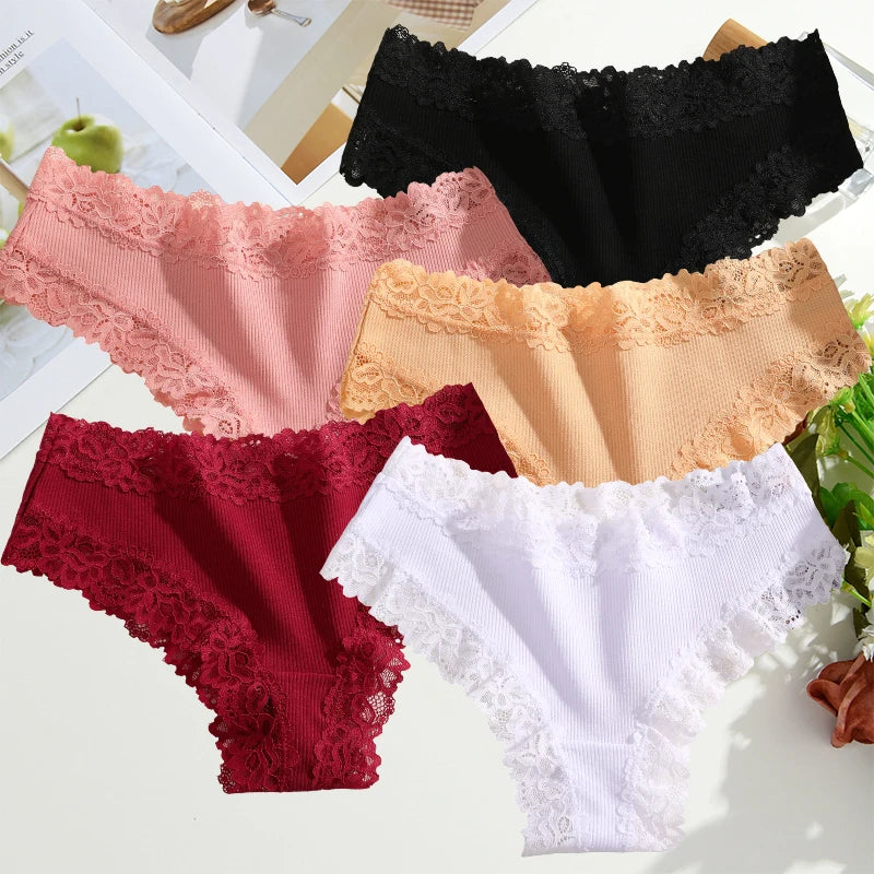 FINETOO 5PCS Sexy Lace Cotton Panties Women Brazilian Panties Ladies Sexy Low Waist Elastic T-Back Bikini Solid Soft Lingerie