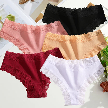 FINETOO 5PCS Sexy Lace Cotton Panties Women Brazilian Panties Ladies Sexy Low Waist Elastic T-Back Bikini Solid Soft Lingerie