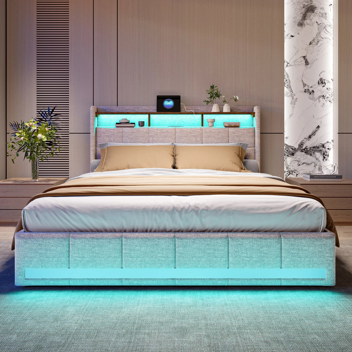 Rosahqnda Upholstered Double Bed 160 x 200 cm, Bed 180 x 200 cm with Storage Box, Storage Bed with 4 Drawers and LED Lighting