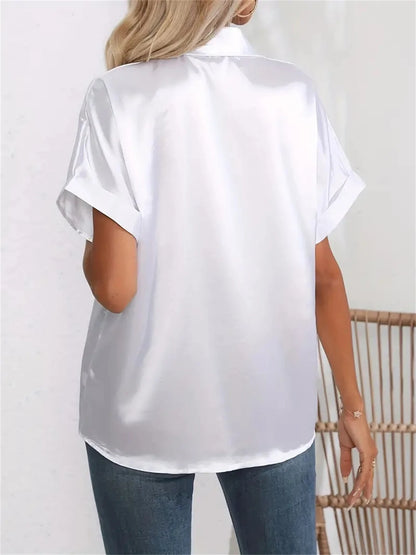 Casual Turn-Down Collar Button Front Solid Color Short Sleeved Satin Shirt Women Summer Blouse