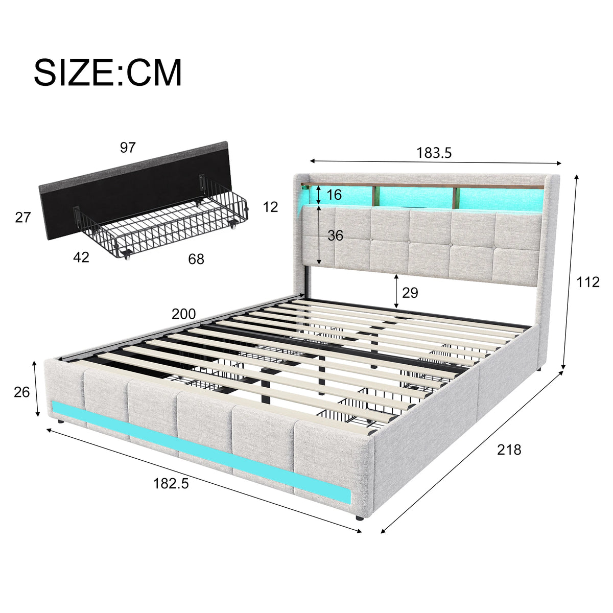 Rosahqnda Upholstered Double Bed 160 x 200 cm, Bed 180 x 200 cm with Storage Box, Storage Bed with 4 Drawers and LED Lighting
