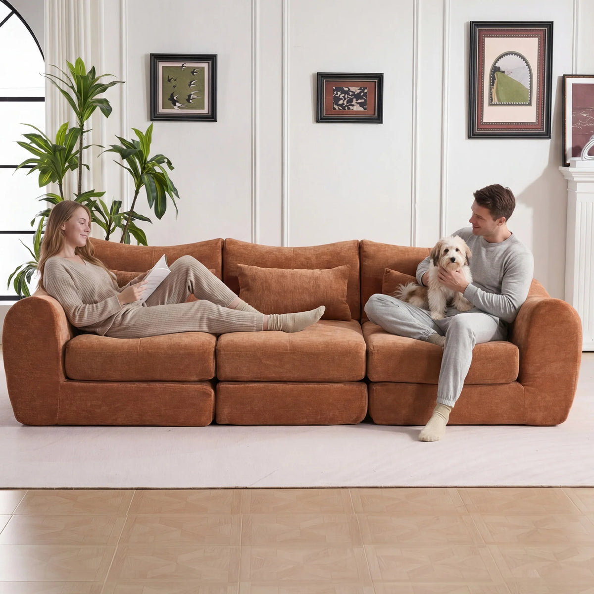 Orange Comfort Compressed Sofa,3 Seats No Assembly Required Sofa Bed,Black Chenille Free Combination For Living Room, Apartment