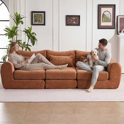 Orange Comfort Compressed Sofa,3 Seats No Assembly Required Sofa Bed,Black Chenille Free Combination For Living Room, Apartment