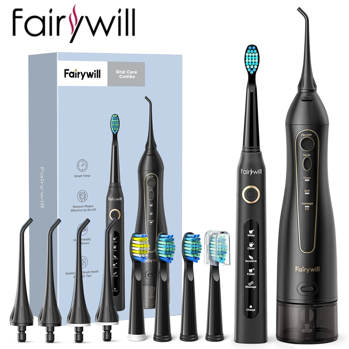 Fairywill Electric Sonic Toothbrush &amp; Water Flosser USB Charge Waterproof 5 Modes 3 Brush Heads Toothbrushes Teeth Cleaner