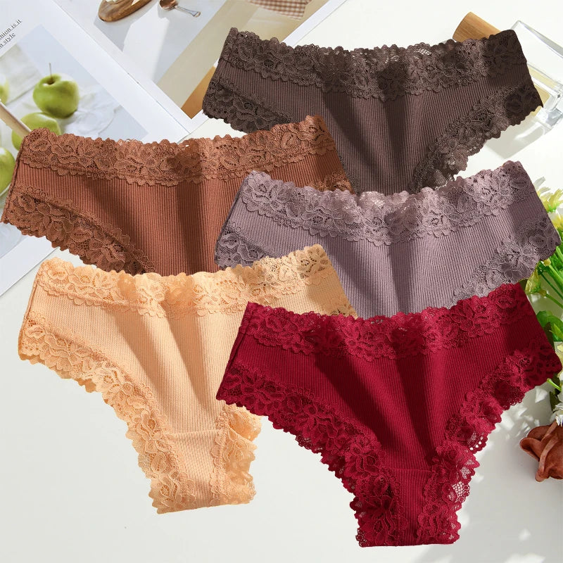 FINETOO 5PCS Sexy Lace Cotton Panties Women Brazilian Panties Ladies Sexy Low Waist Elastic T-Back Bikini Solid Soft Lingerie