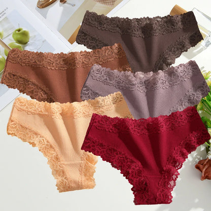 FINETOO 5PCS Sexy Lace Cotton Panties Women Brazilian Panties Ladies Sexy Low Waist Elastic T-Back Bikini Solid Soft Lingerie