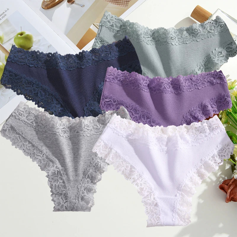 FINETOO 5PCS Sexy Lace Cotton Panties Women Brazilian Panties Ladies Sexy Low Waist Elastic T-Back Bikini Solid Soft Lingerie