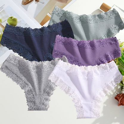 FINETOO 5PCS Sexy Lace Cotton Panties Women Brazilian Panties Ladies Sexy Low Waist Elastic T-Back Bikini Solid Soft Lingerie