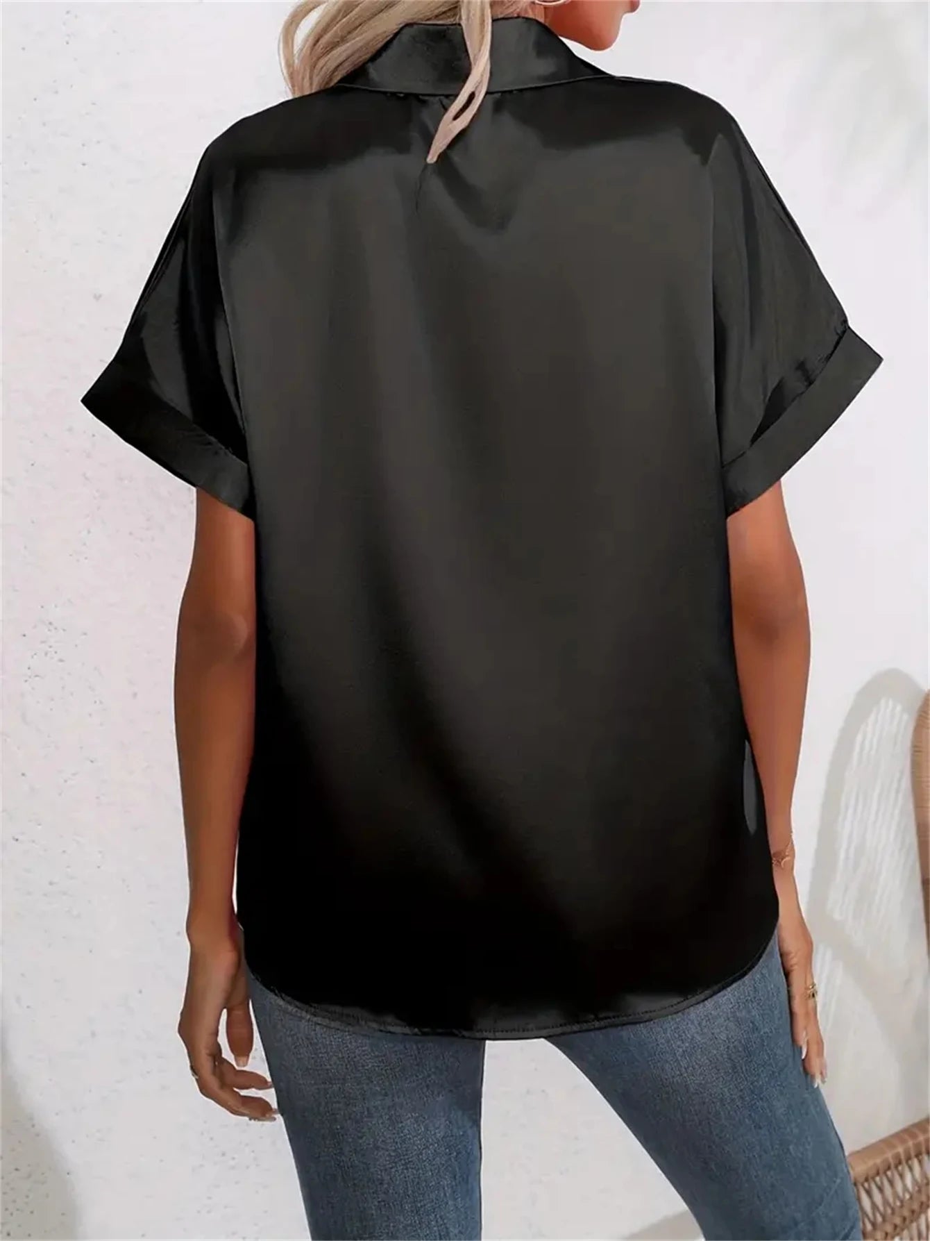 Casual Turn-Down Collar Button Front Solid Color Short Sleeved Satin Shirt Women Summer Blouse