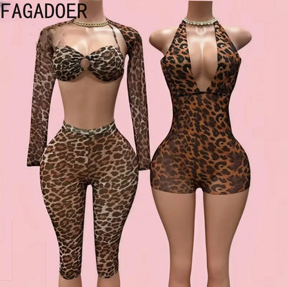 FAGADOER Sexy Mesh See Through Leopard Print Two Piece Sets Women Crop Top + Long Sleeve Coat + Shorts Outfits Female Clubwear