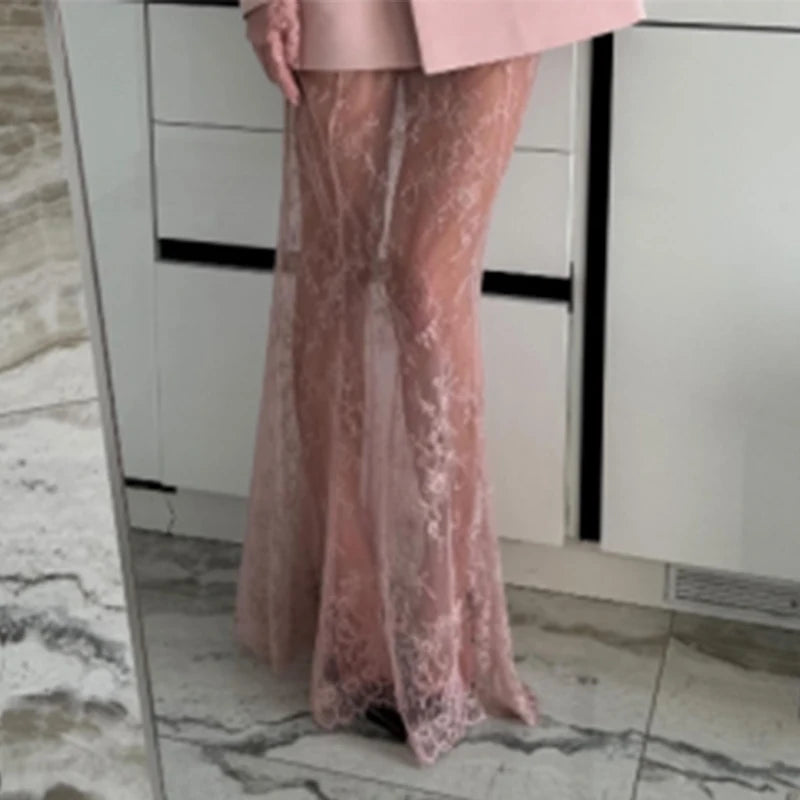 Retro Solid Suit Jacket Lace Skirt Set Women Sexy Waist-cinching Jackets Perspective Long Skirts Sets Lady 2025 Chic Streetwear