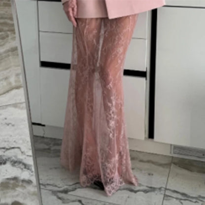 Retro Solid Suit Jacket Lace Skirt Set Women Sexy Waist-cinching Jackets Perspective Long Skirts Sets Lady 2025 Chic Streetwear
