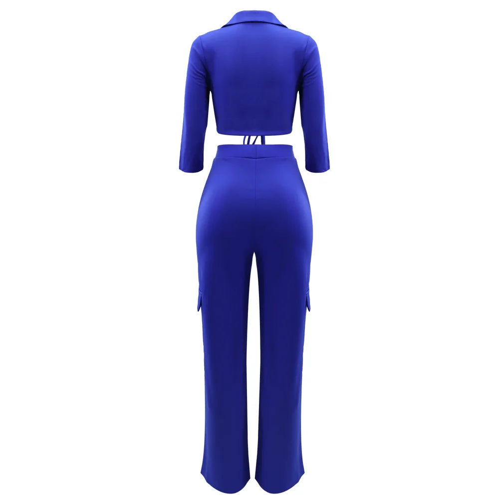Elegant Office Women Two Piece Sets Autumn V Turn-down Neck Half Sleeve Drawstring Lace Up Short Shirt + Wide Leg Trousers Set