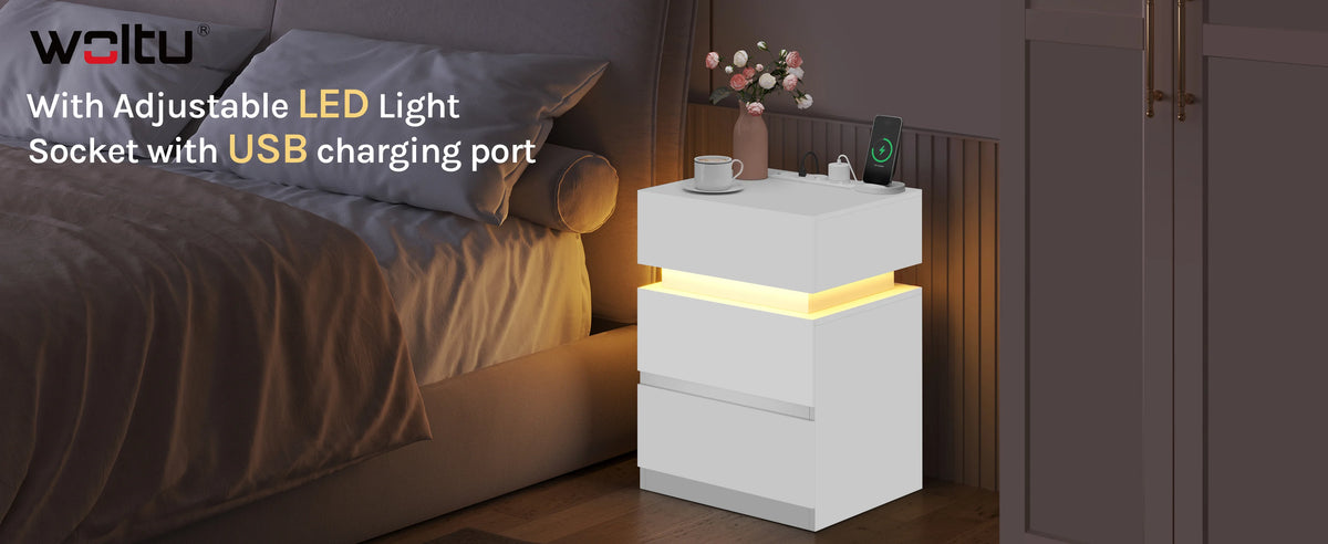 WOLTU Nightstand White/Black Bedside Table with LED Lighting 2 Drawers USB Charging Function Narrow Sofa Table