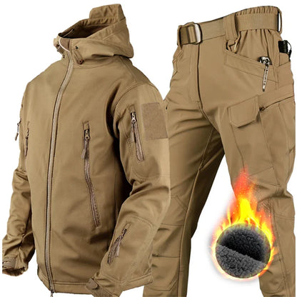 5XL 6XL Winter Waterproof Tactical Jackets Sets Men Outdoor Soft Shell Hiking Hunting Jacket Suit Fleece Cargo Pant Tracksuits