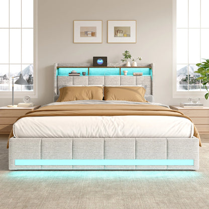 Rosahqnda Upholstered Double Bed 160 x 200 cm, Bed 180 x 200 cm with Storage Box, Storage Bed with 4 Drawers and LED Lighting