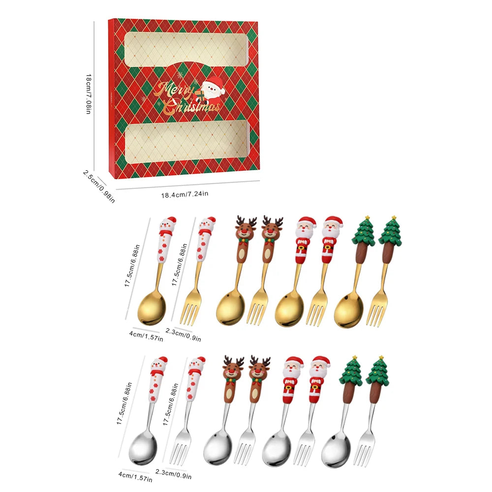 4Pcs Silver Christmas Fork And Spoon Set Stainless Steel Creative Tableware Coffee Tea Dessert Forks And Spoons Gift Set