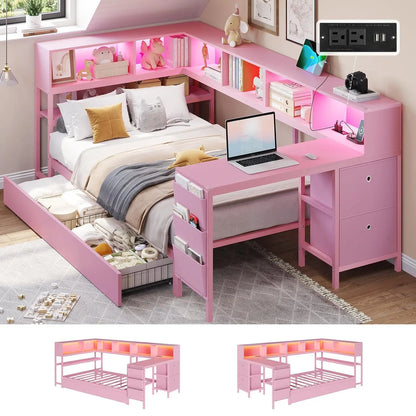 Corner Twin Bed Frame With Desk,Charging Station And Bookcase Storage Metal Platform Bed Frame With Storage Drawers And Led Ligh