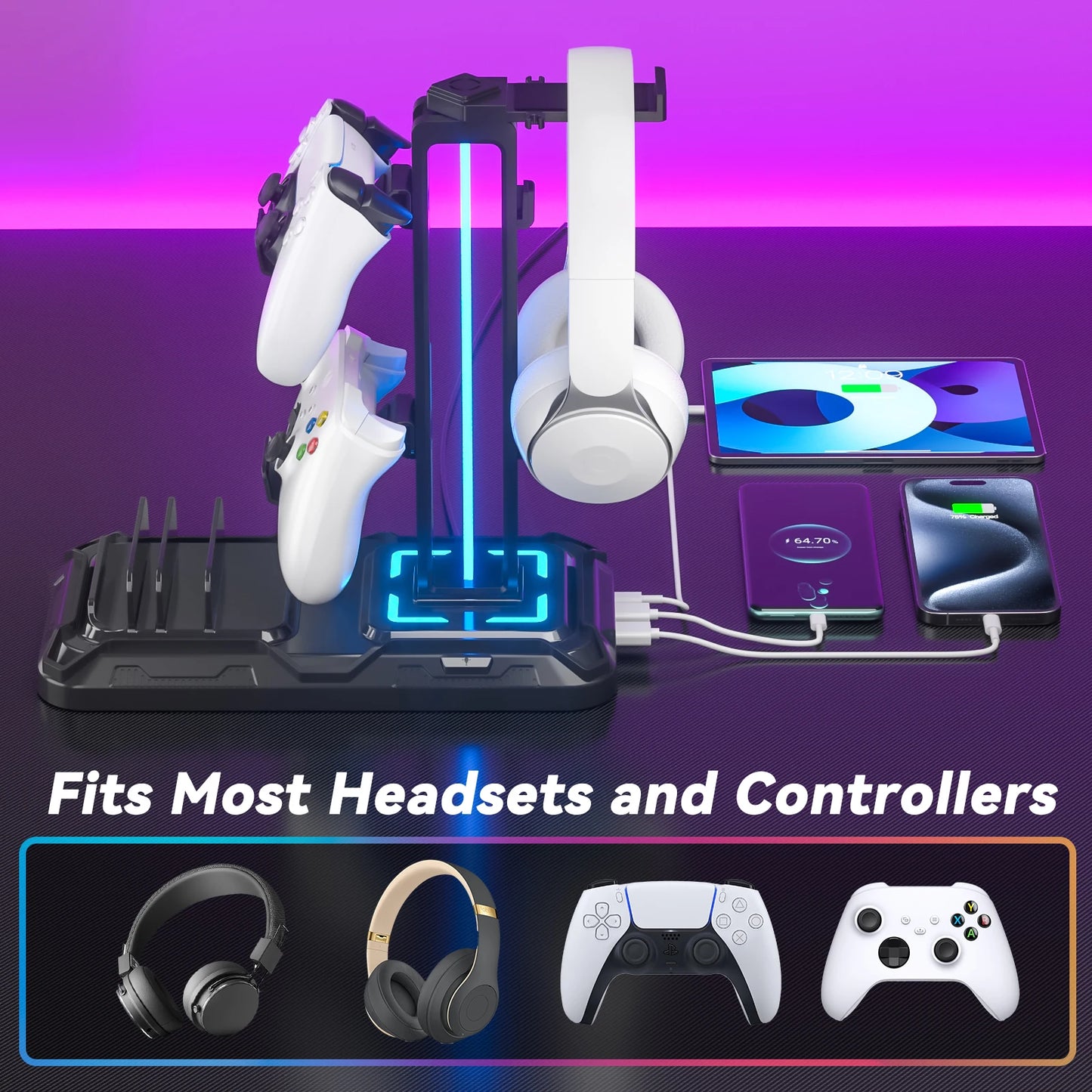 Headset Stand with Charging Station Detachable Controller Holder with 9 Light Modes, Rotatable Headphone Hanger with USB Charger