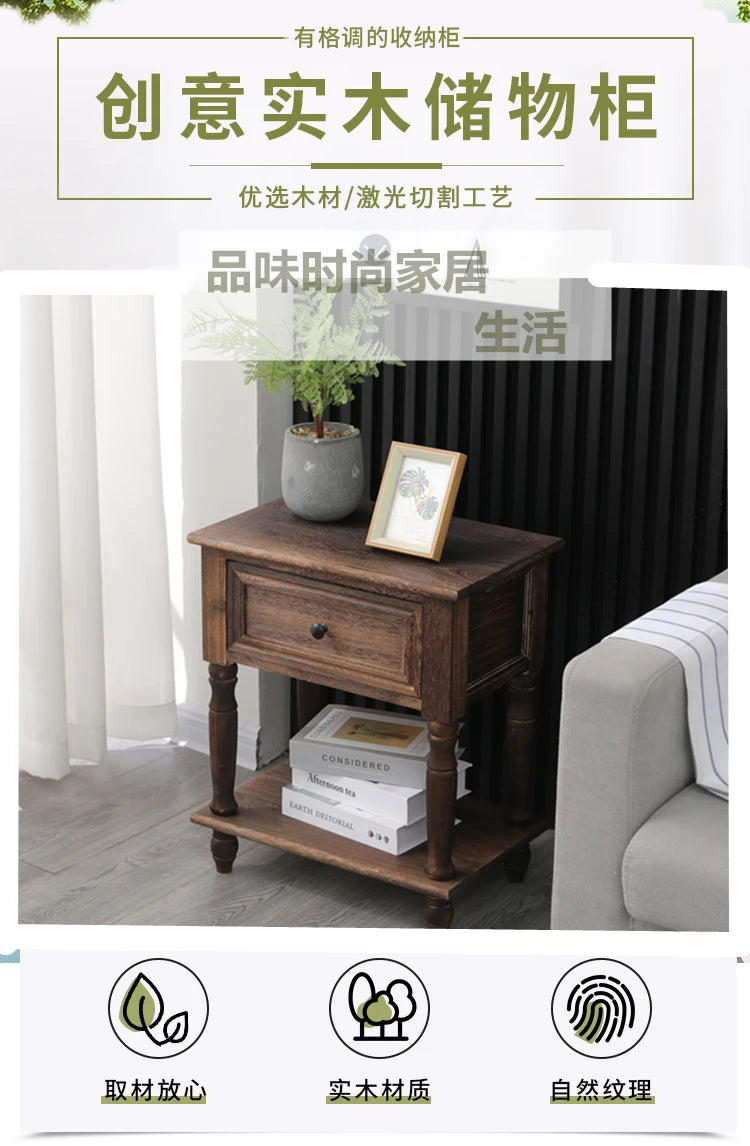 Solid Wood Nightstand Vintage French Distressed Bedside Table with Drawer for Bedroom Storage Cabinet Side Table