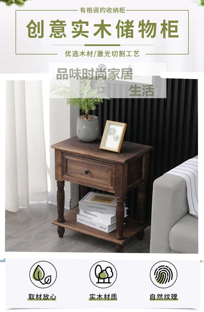 Solid Wood Nightstand Vintage French Distressed Bedside Table with Drawer for Bedroom Storage Cabinet Side Table