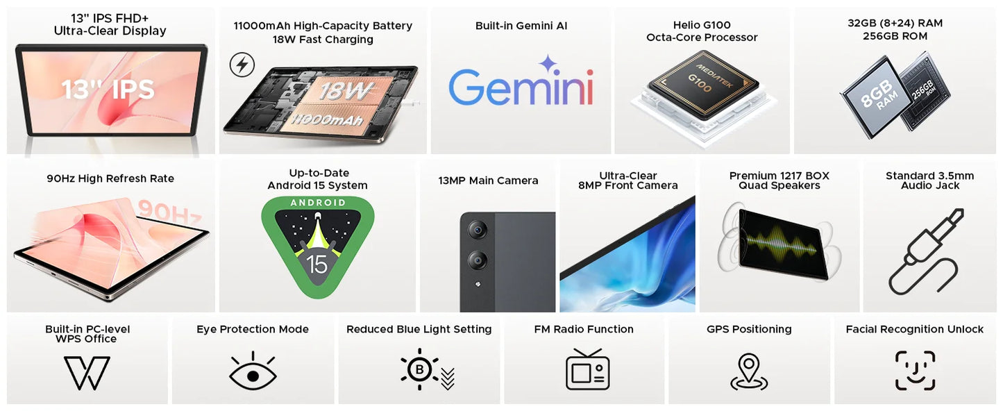 DOOGEE Tab E3 Pro 2 in 1 Tablet PC Gemini AI 13'' IPS Display 8GB 256GB 11000mAh Battery Android 15 High Quality Quad Speakers