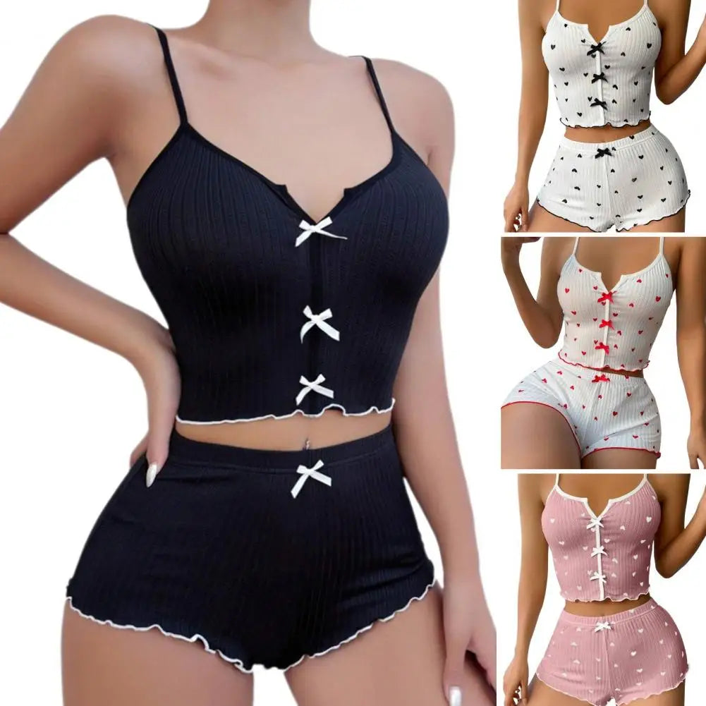 Women's Pajamas Set Bowknot Decor Sleepwear 2 PCS Short Tank Tops And Shorts Ventilate Loungewear Two-piece Female Nightwear