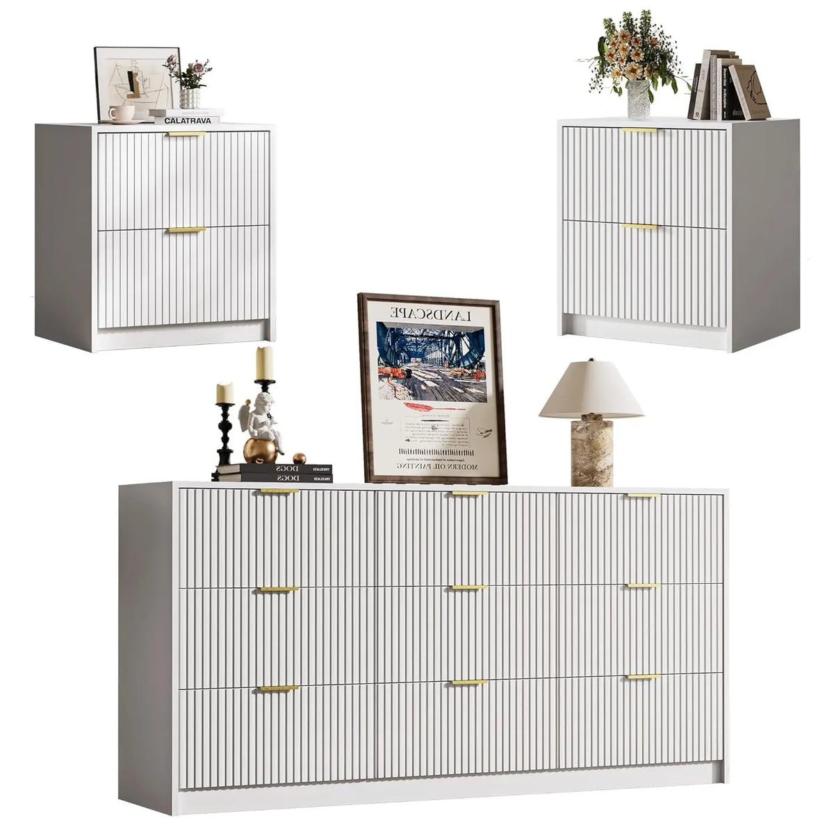 3-Piece Dresser Bedroom Set, 9 Drawer Dresser &amp; 2 Drawer Nightstands with Gold Handles, Fluted Wood Chest of, Customized