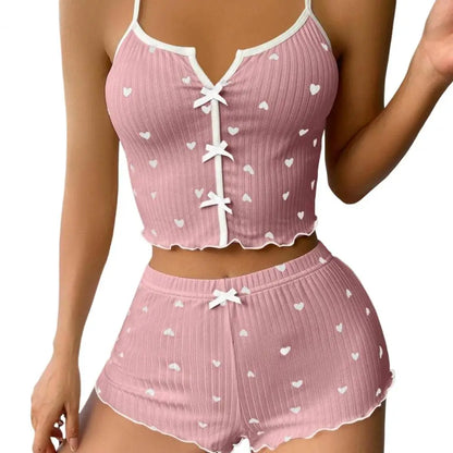 Women's Pajamas Set Bowknot Decor Sleepwear 2 PCS Short Tank Tops And Shorts Ventilate Loungewear Two-piece Female Nightwear