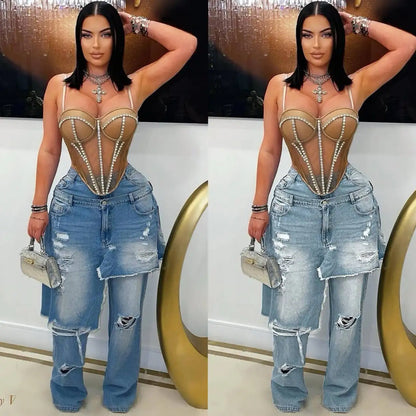 Streetwear Wide Leg Jeans Cargo Pants Sexy Women High Waist Elegant High Street Denim Loose Trousers