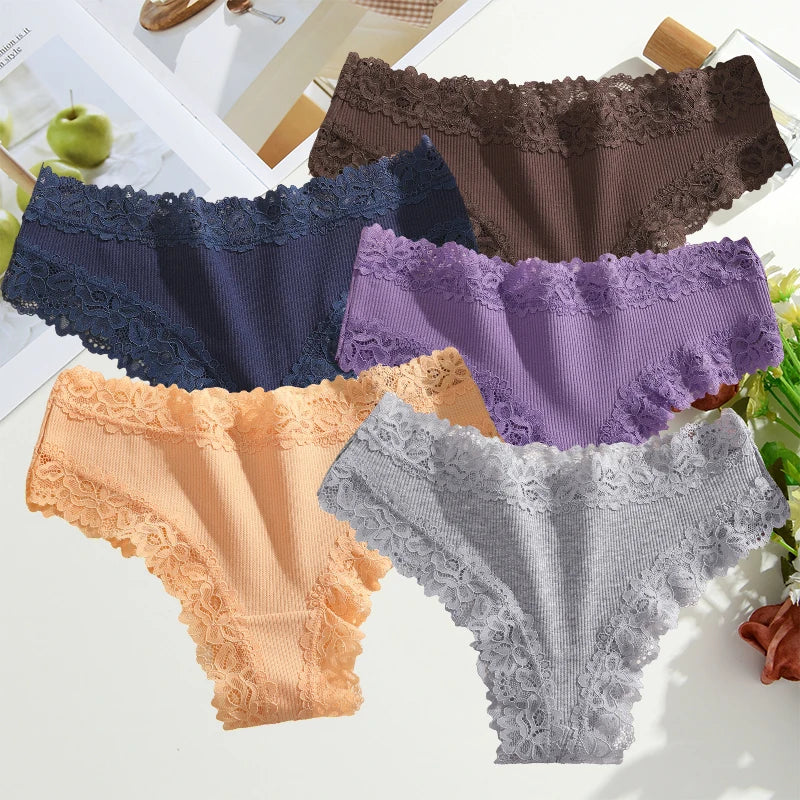 FINETOO 5PCS Sexy Lace Cotton Panties Women Brazilian Panties Ladies Sexy Low Waist Elastic T-Back Bikini Solid Soft Lingerie