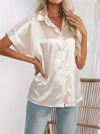 Casual Turn-Down Collar Button Front Solid Color Short Sleeved Satin Shirt Women Summer Blouse