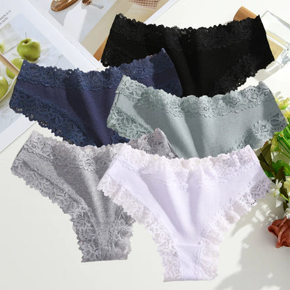 FINETOO 5PCS Sexy Lace Cotton Panties Women Brazilian Panties Ladies Sexy Low Waist Elastic T-Back Bikini Solid Soft Lingerie