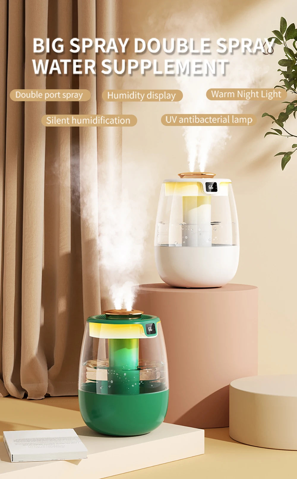 Air Humidifier Large Capacity Home Humidifier Professional Double Spray Port Mist Maker Mute Air Humidifier for Room with Light