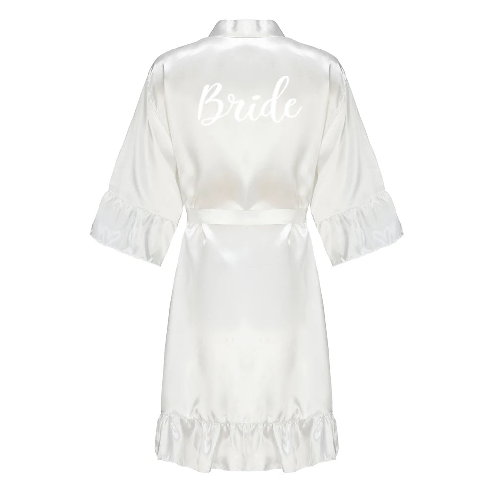 Green Bridesmaid Mother of The Bride Robes With Ruffle White Letters Satin Bridal Party Bathrobe Wedding Gift
