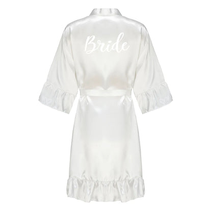 Green Bridesmaid Mother of The Bride Robes With Ruffle White Letters Satin Bridal Party Bathrobe Wedding Gift