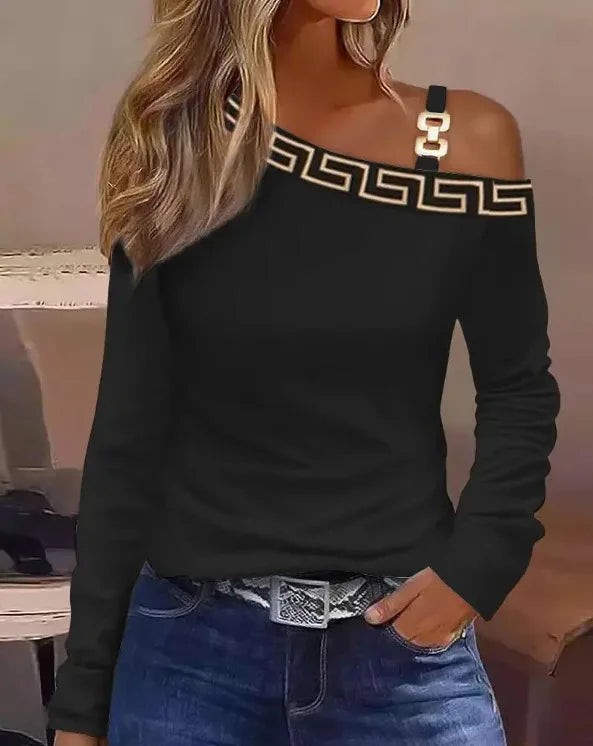 Sexy Elegant Off Shoulder White Lace Women Tops And Blouses 2023 Autumn Long Sleeve Top Femme Print Metal Buckle Office Blouse