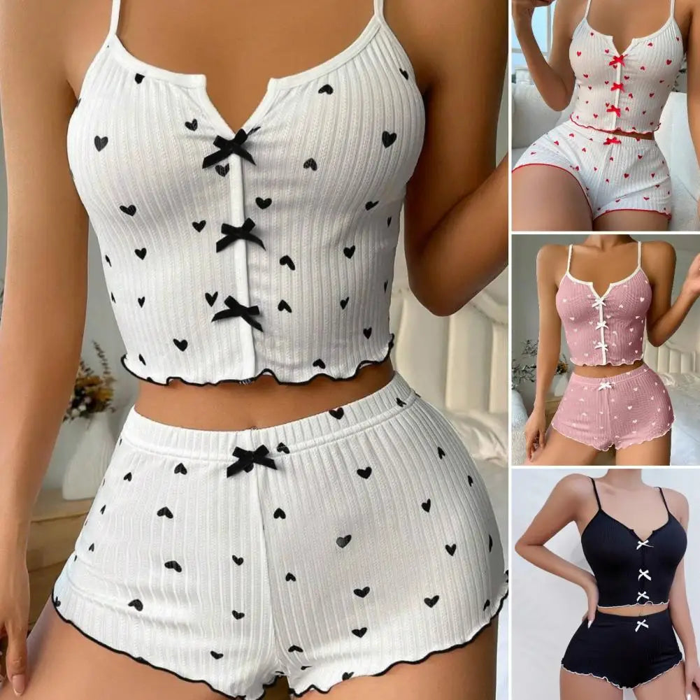 Women's Pajamas Set Bowknot Decor Sleepwear 2 PCS Short Tank Tops And Shorts Ventilate Loungewear Two-piece Female Nightwear