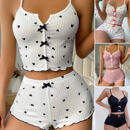 Women's Pajamas Set Bowknot Decor Sleepwear 2 PCS Short Tank Tops And Shorts Ventilate Loungewear Two-piece Female Nightwear