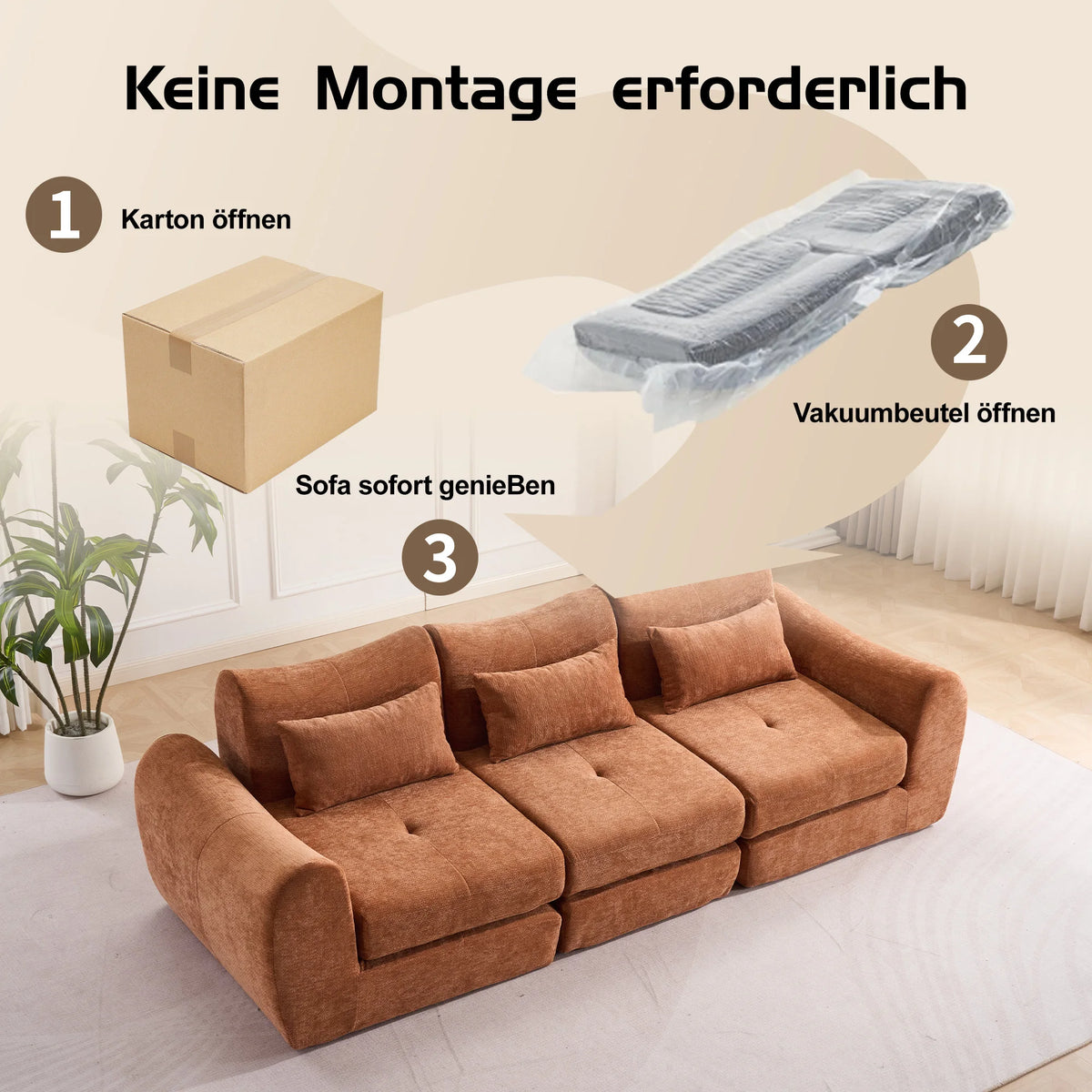 Orange Comfort Compressed Sofa,3 Seats No Assembly Required Sofa Bed,Black Chenille Free Combination For Living Room, Apartment