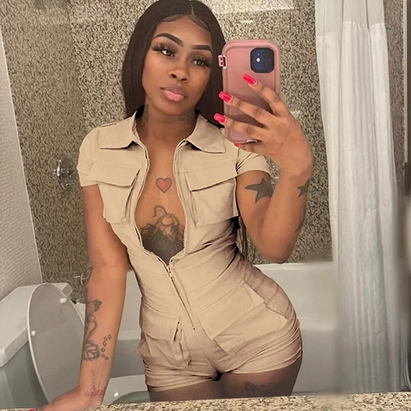 Streetwear Zipper Pockets Shorts Jumpsuit Women Clothing Short Sleeve Skinny Cargo Playsuit Summer Casual One Pieces Romper
