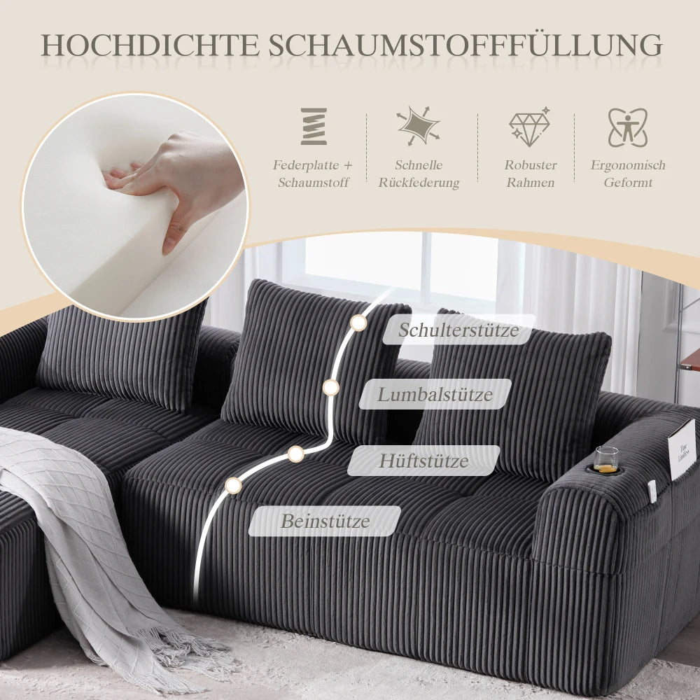 Compact Sofa Soft, Modular Sofa with Side Pocket and Beverage Holder, High Quality Comfort for Long Sitting, Incl. Pillows