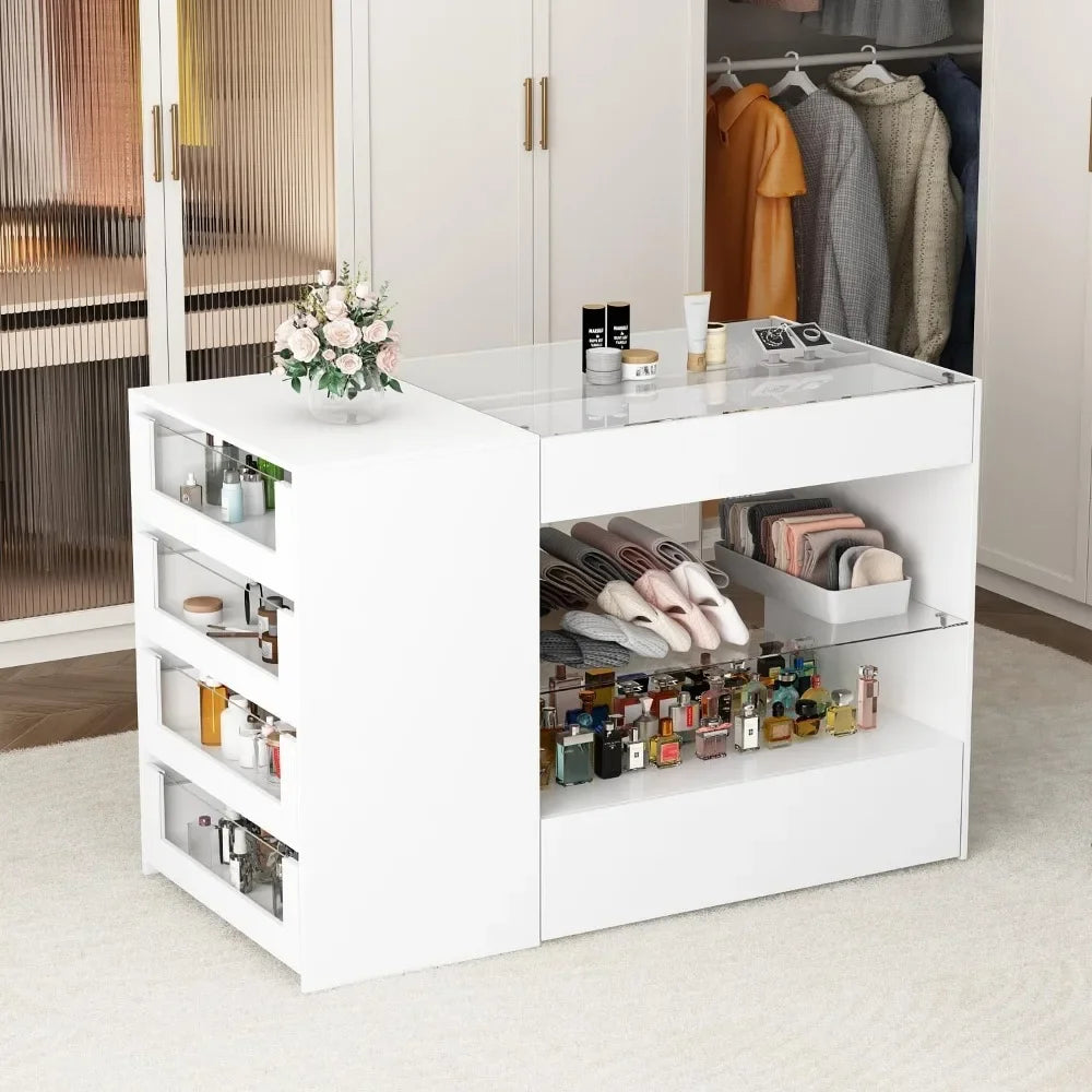 %a Wardrobe Armoire Bedroom Island with Glass Top, Glass Display Shelf &amp; 6 Drawers, Wooden Closet Storage Cabinet with Open She