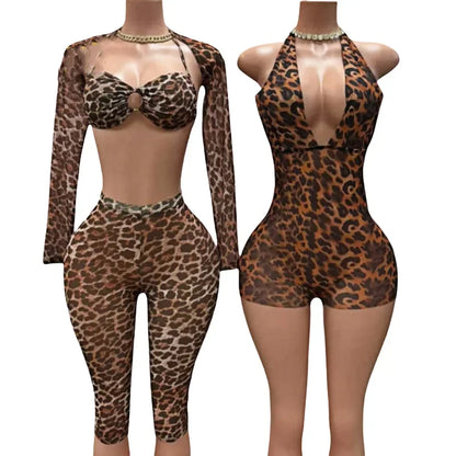 FAGADOER Sexy Mesh See Through Leopard Print Two Piece Sets Women Crop Top + Long Sleeve Coat + Shorts Outfits Female Clubwear