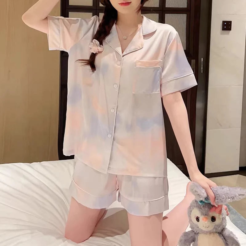 Korean Simple Sweet Ins Aesthetics Print Women's Pajamas Y2k Harajuku Colorful Trendy Sleepwear 2024 New Summer Fashion Homewear